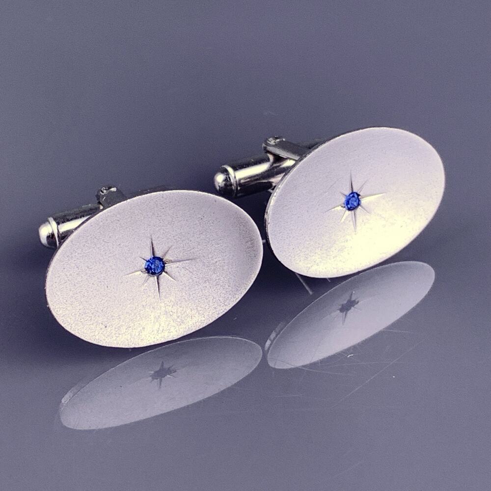 Atomic Star Blue Rhinestone Cufflinks Oval Brushed Texture Mid Century Vintage